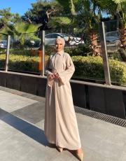 krem krep kumaştır taş detaylı elbise önden düğmeli 44 bedene kadar 2